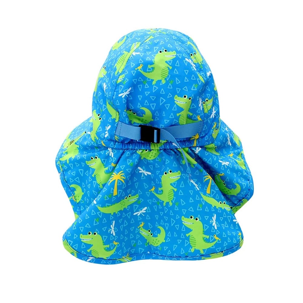 Zoocchini baby sun hat cape in blue with green alligator print and adjustable strap