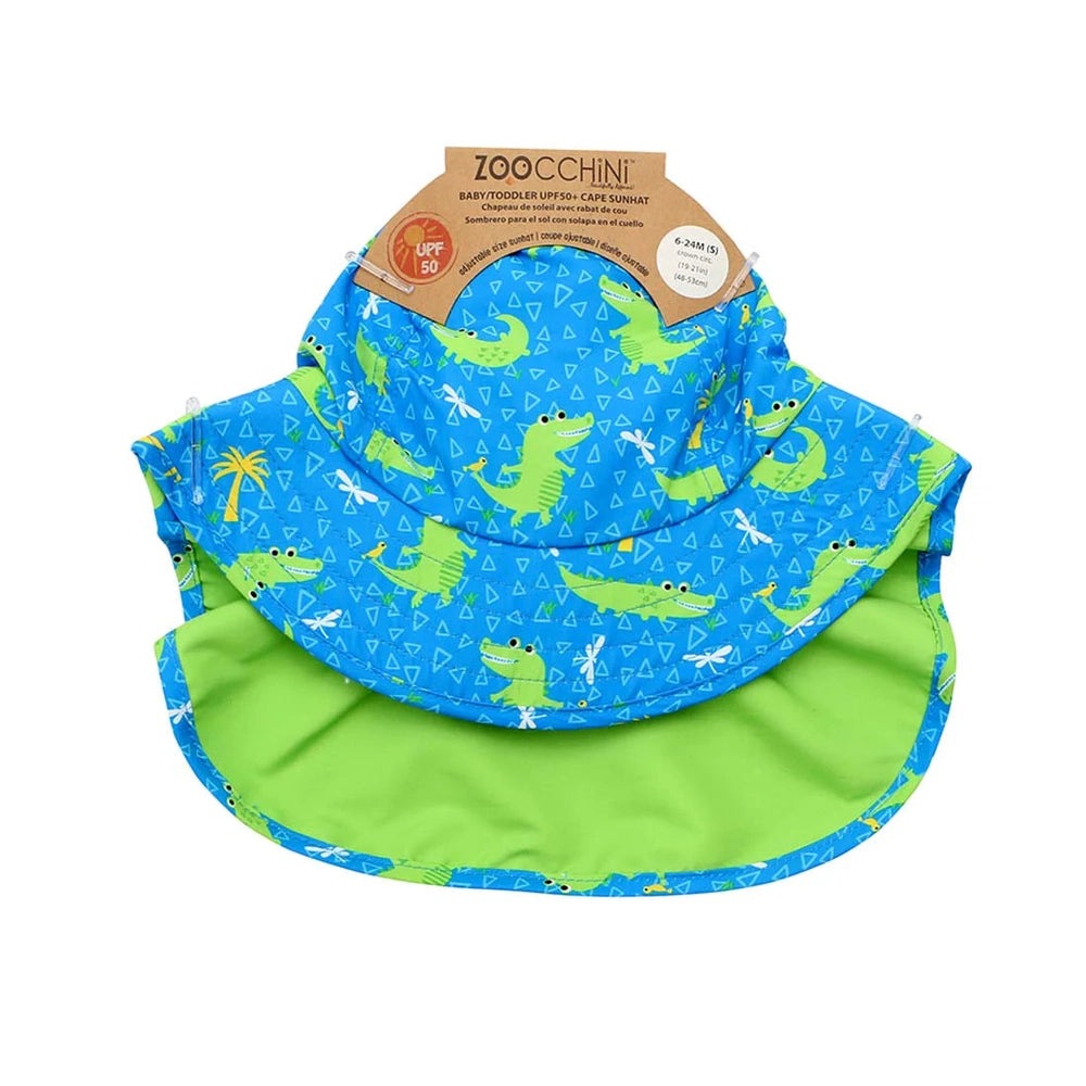 Zoocchini baby cape sun hat in blue alligator print with lime interior
