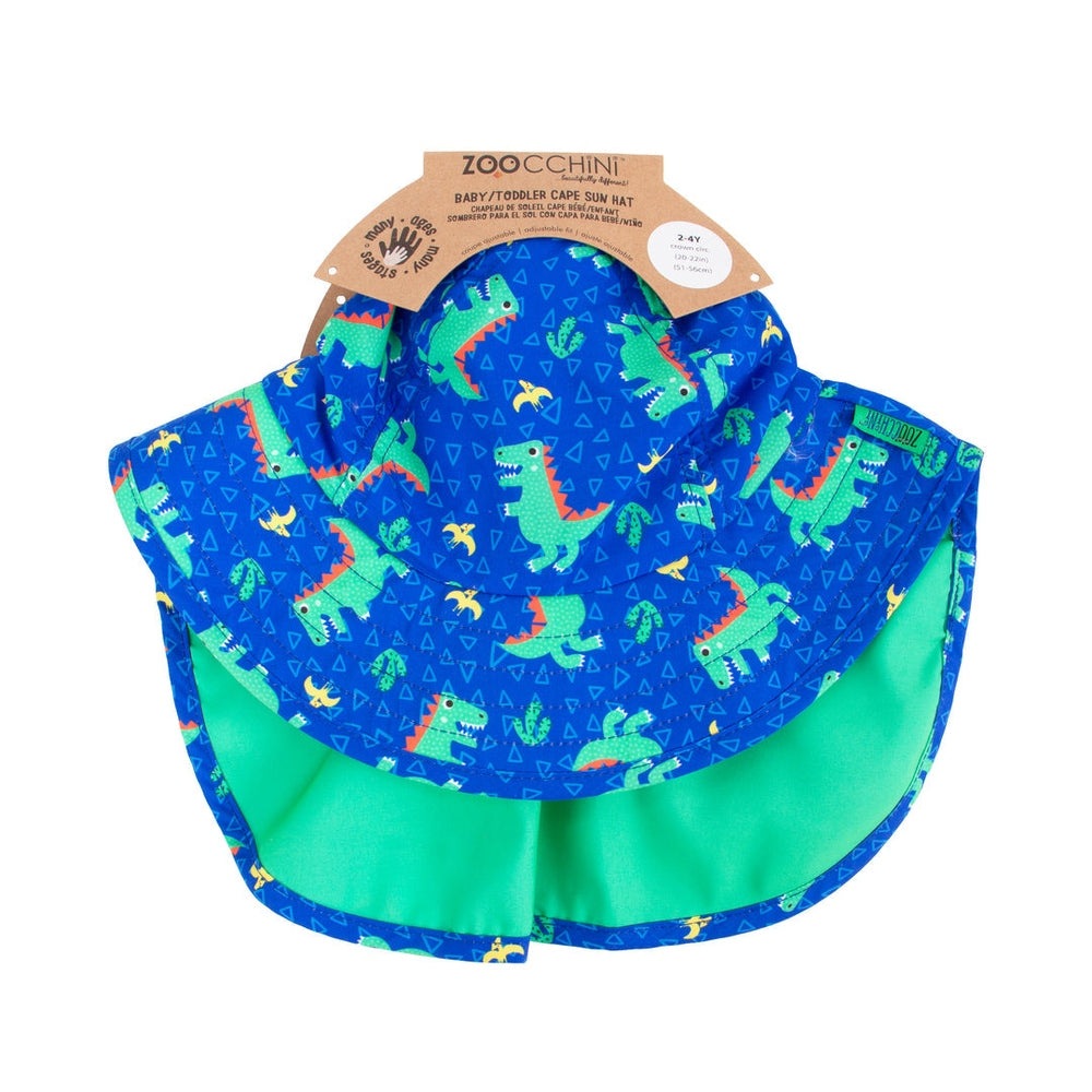 Zoocchini Baby/Toddler Cape Sun Hat-Dinosaur, bright blue with a green interior and playful dinosaur print.
