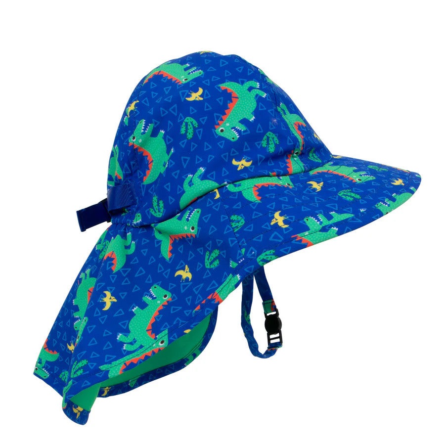 Zoocchini Baby/Toddler Cape Sun Hat-Dinosaur in blue with green dinosaurs, wide brim, strap fastened under chin.