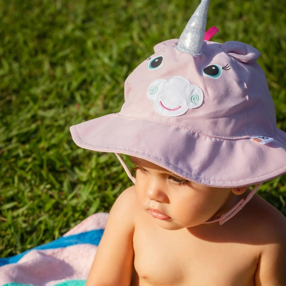 Zoocchini Alicorn sun hat for babies, pink with silver horn and cloud embroidery