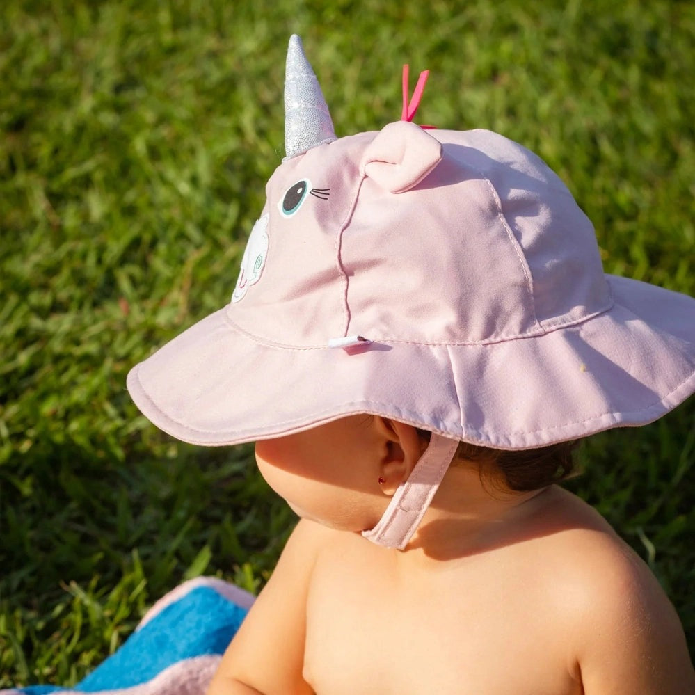 Zoocchini Alicorn sun hat for baby/toddler, pink with silver horn and ears, wide brim