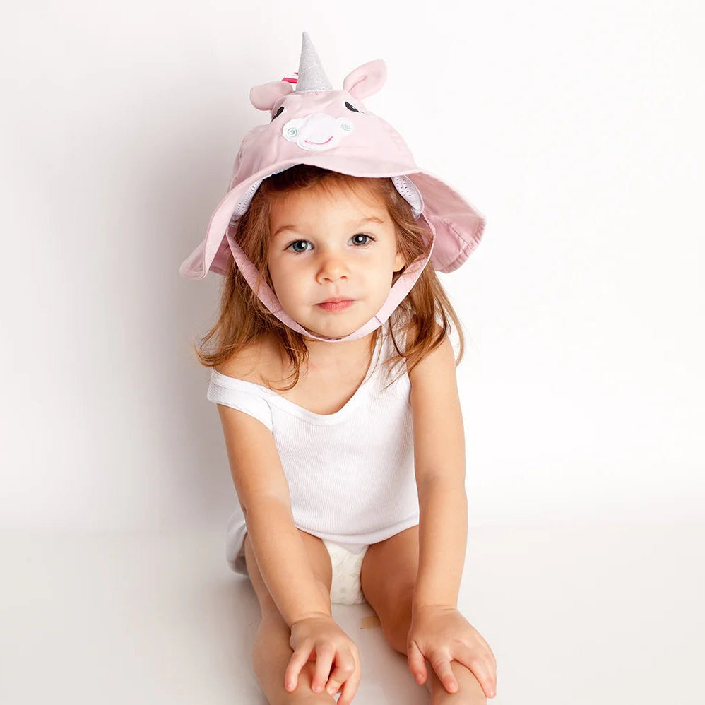 Zoocchini Alicorn sun hat for toddlers, pink unicorn design with silver horn, soft fabric
