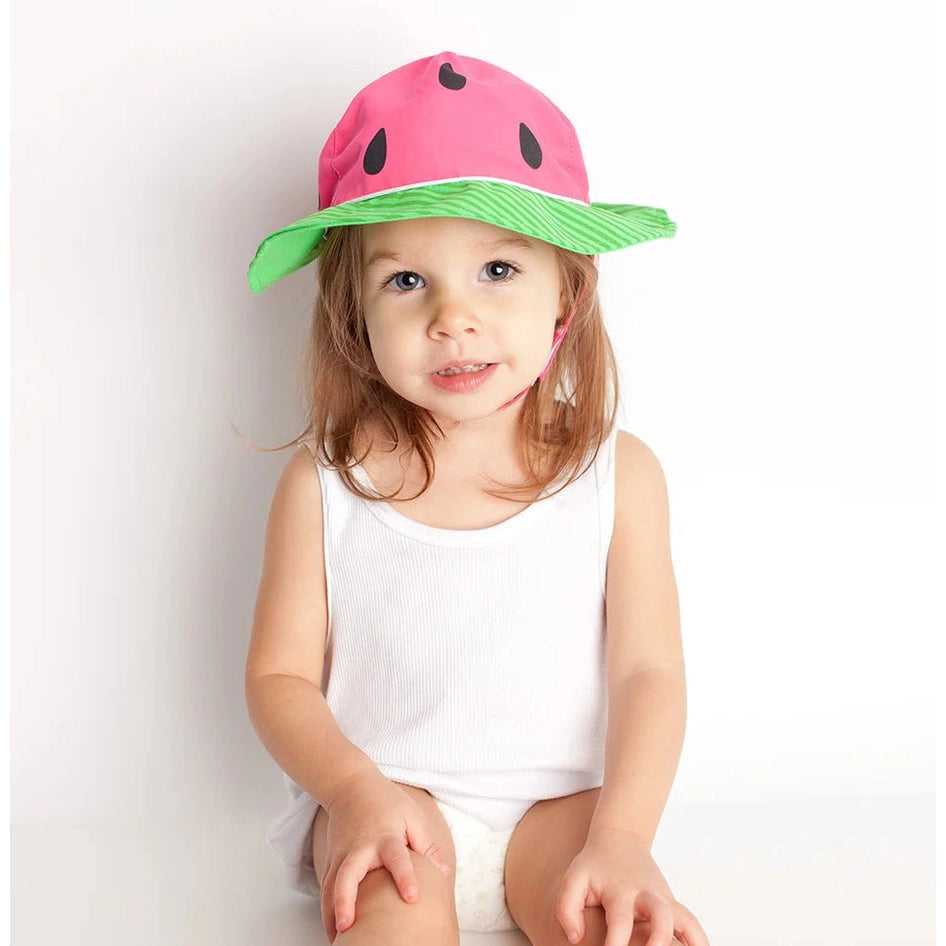 Zoocchini watermelon sun hat for baby and toddler; pink crown with a green brim and seed accents