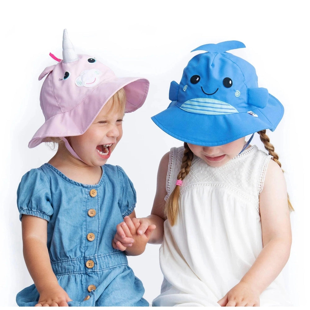 Zoocchini whale sun hat for baby/toddler, blue with striped brim; 2 hats shown