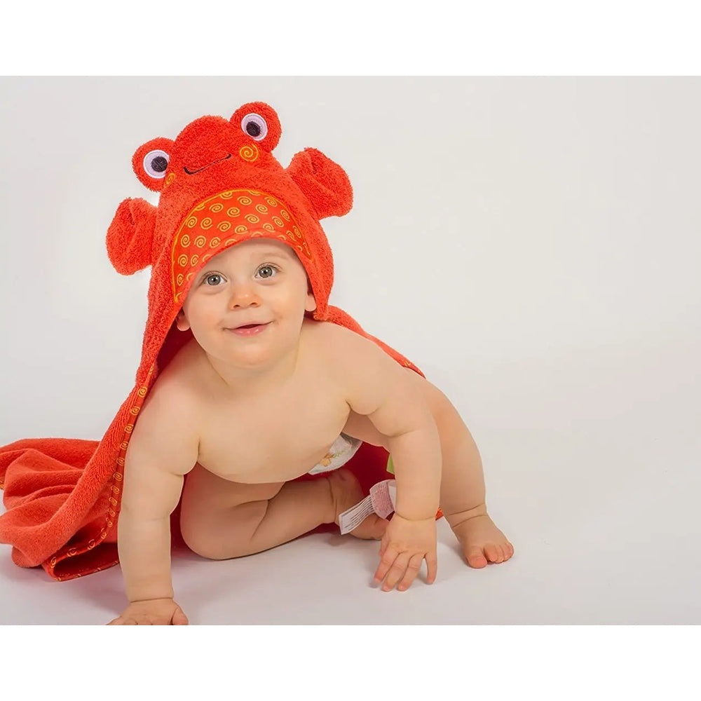 Zoocchini Baby Towel with red lobster hood, plush terry wrap worn by a smiling infant during bath time.