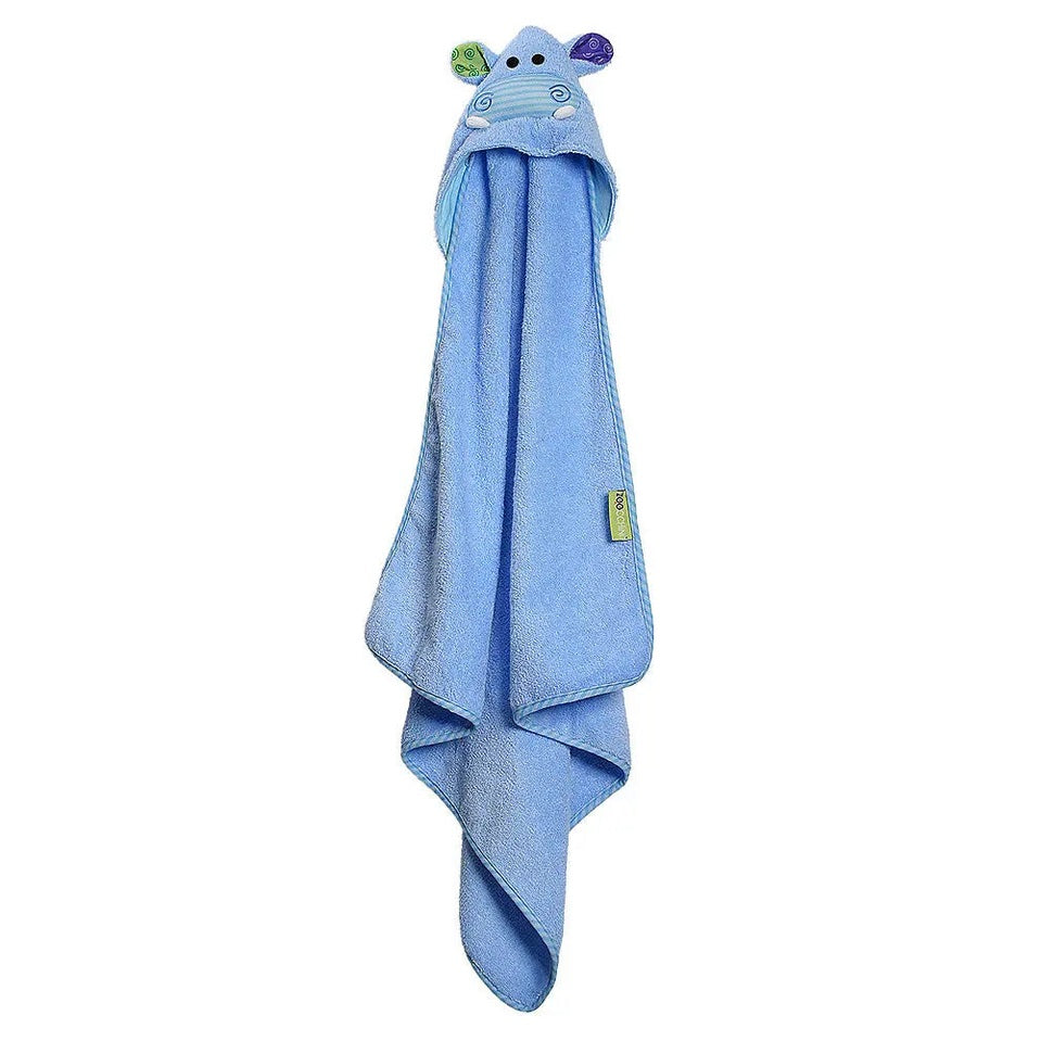 Zoocchini Baby Towel in blue terry with a hooded animal head, shown hanging and ready for bath time.