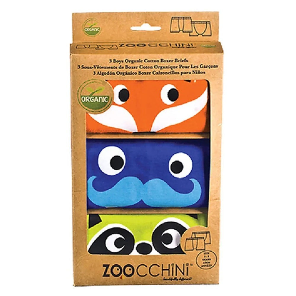 Zoocchini Boys Organic Boxer 3Pk Enchanted Forest, three folded boxers in orange, blue, lime visible in packaging