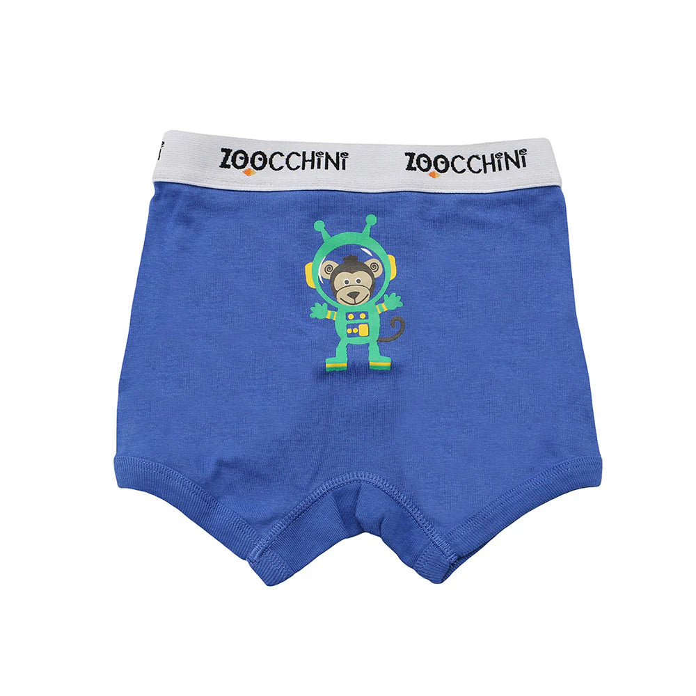 Zoocchini boys organic boxer shorts Space Force 3-pack in royal blue with a green astronaut monkey graphic.