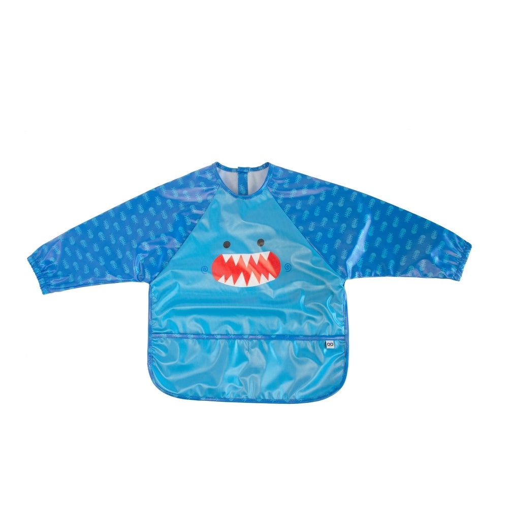 Zoocchini Sherman the Shark sleeved bib art smock, blue with red mouth graphic and long sleeves.