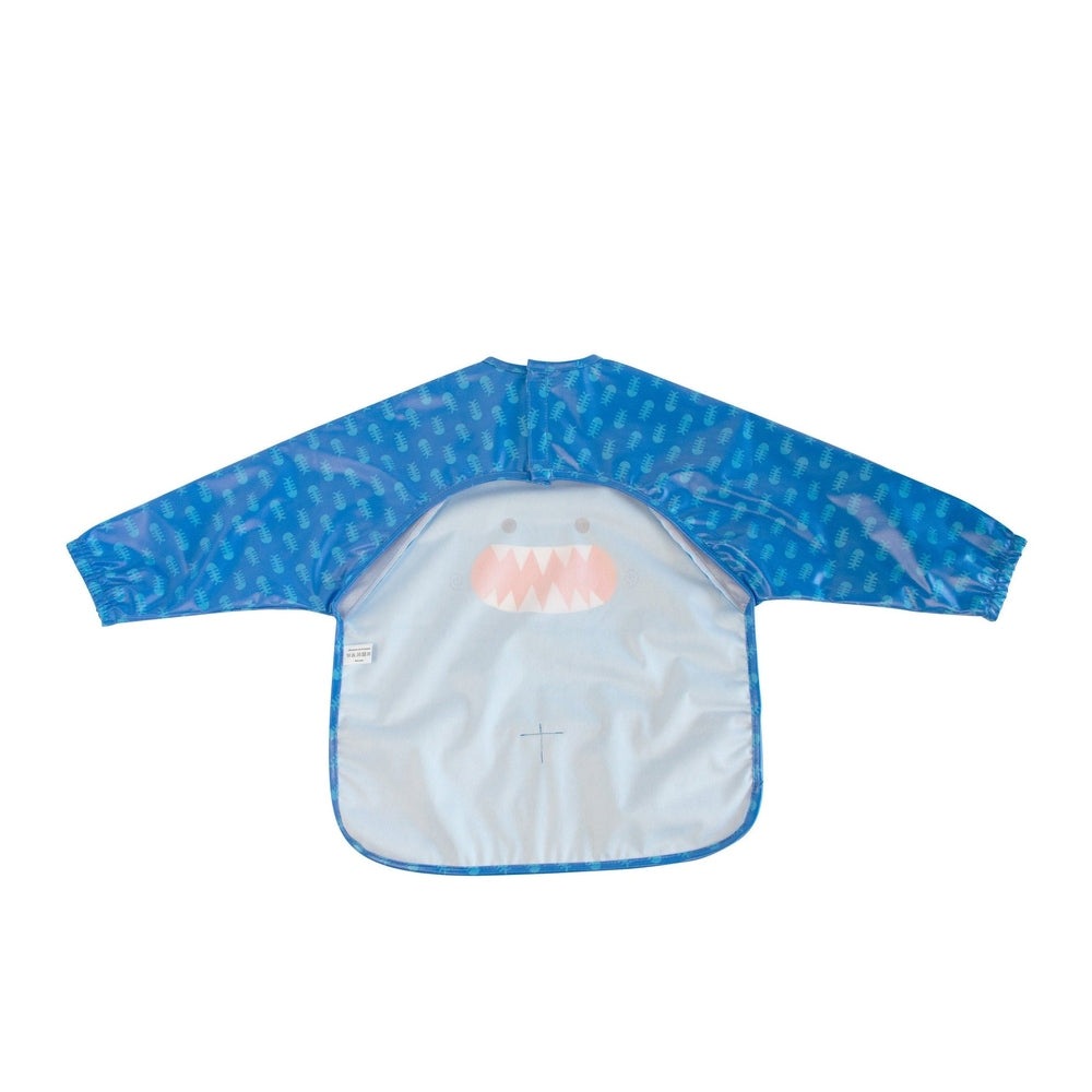 Zoocchini Sherman the Shark sleeved bib art smock in blue with light-blue body and pink mouth print