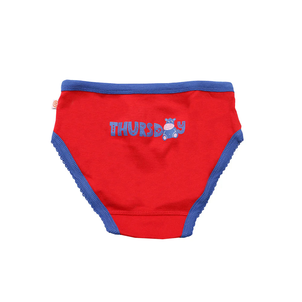 Zoocchini toddler underwear brief in red with blue trim and Thursday graphic