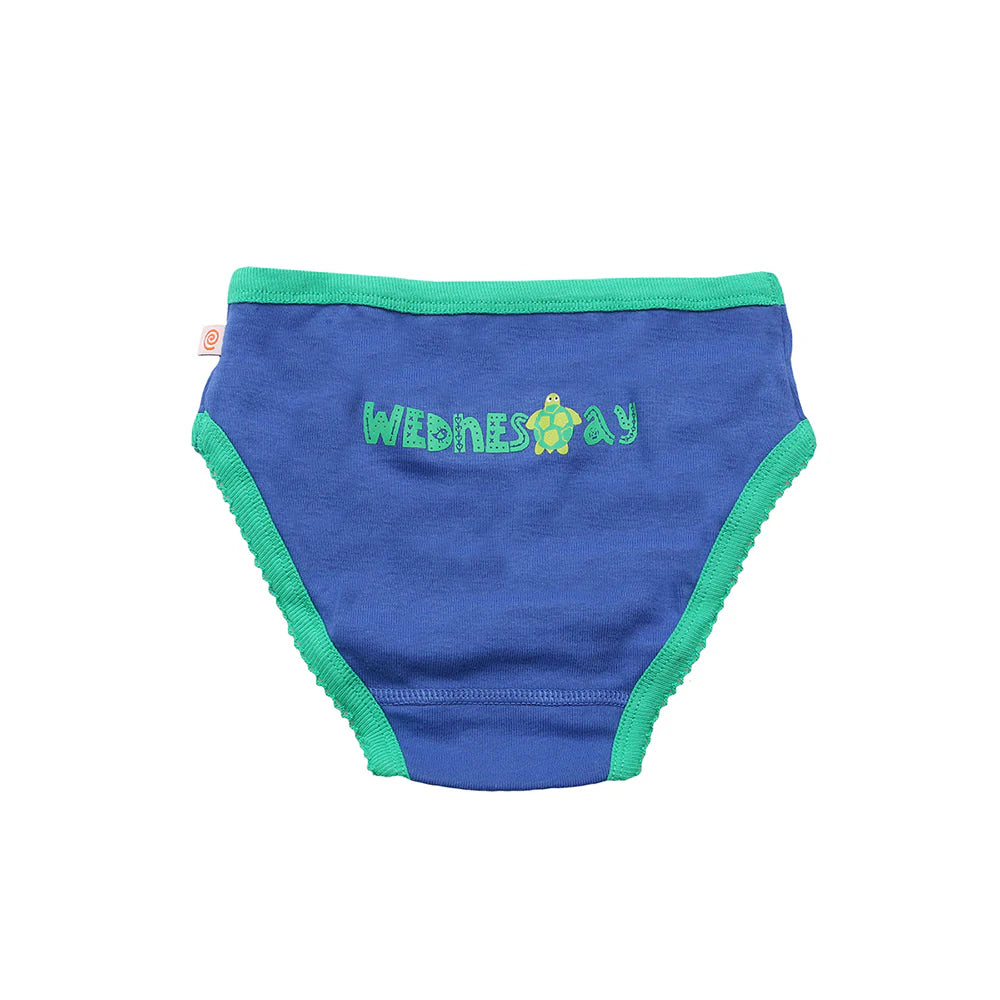 Zoocchini toddler underwear 7-pack Days of the Week, blue with green trim and turtle graphic