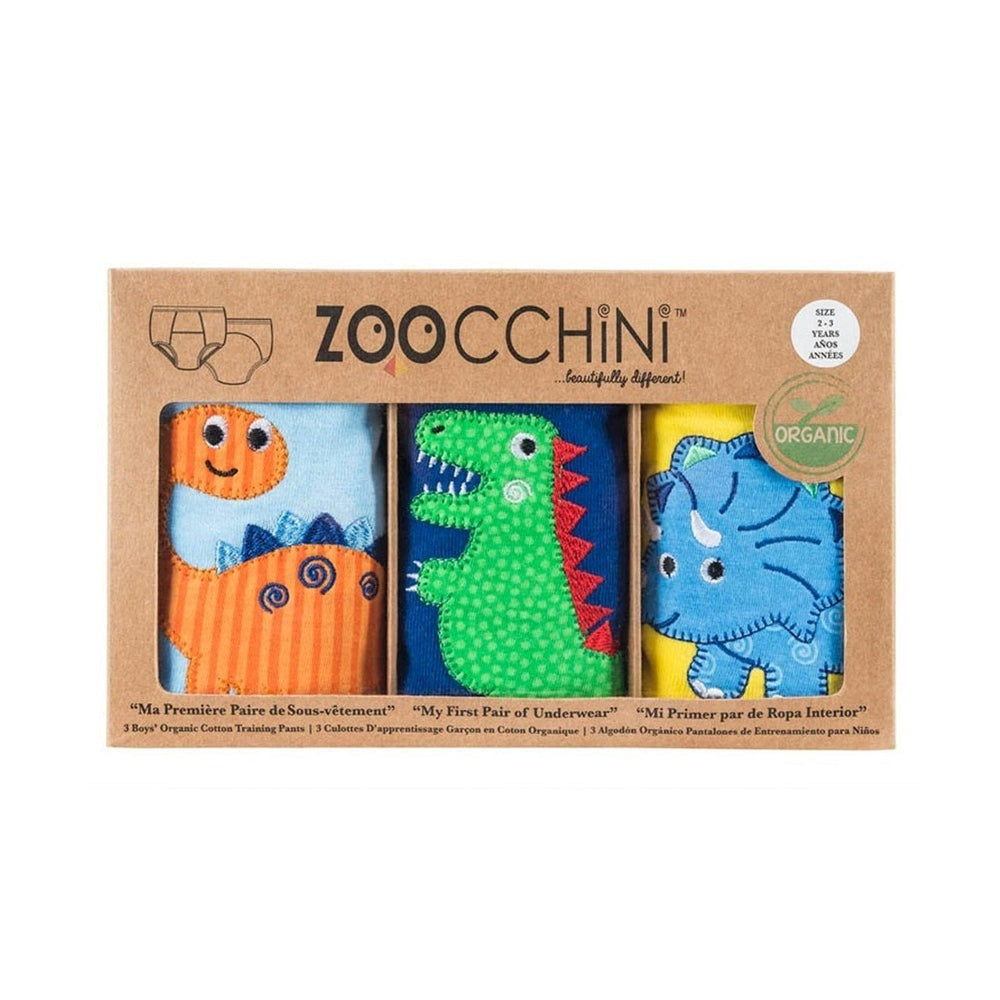 Zoocchini Toddler Organic Potty-Training Pants 3-pack Jurassic Pals with orange, green and blue dinosaur prints