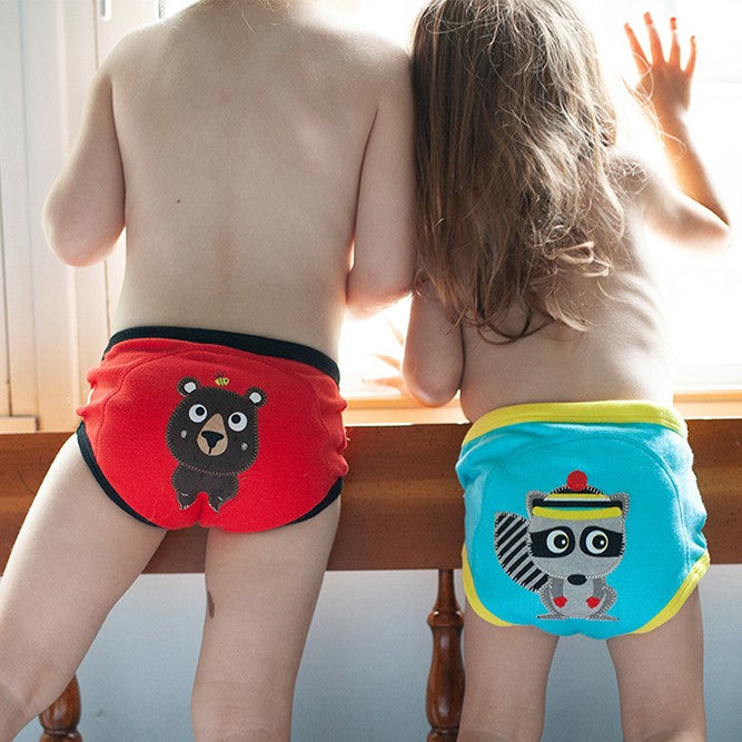Zoocchini toddler organic potty training pants 3-pack Forest Chums with red bear and blue raccoon designs.