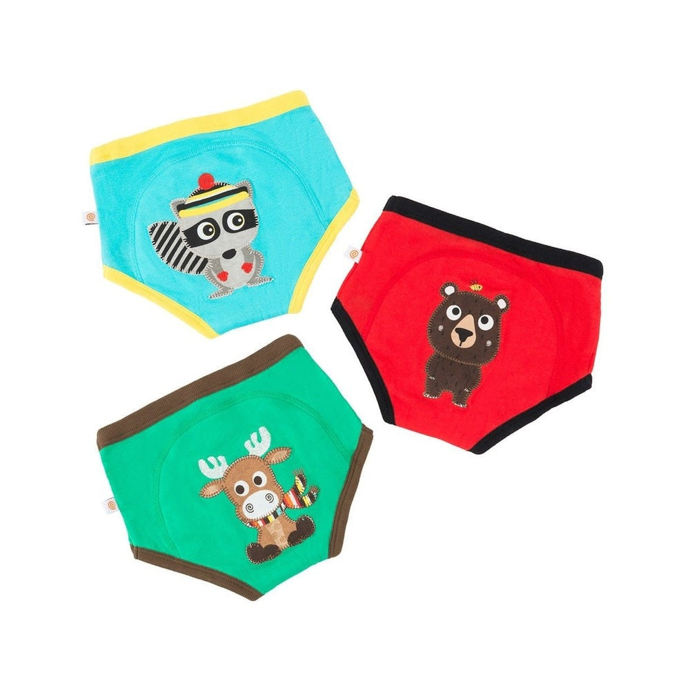 Zoocchini Toddler Potty Training Pants 3-pack Forest Chums in blue, red, green with raccoon, bear and moose appliques