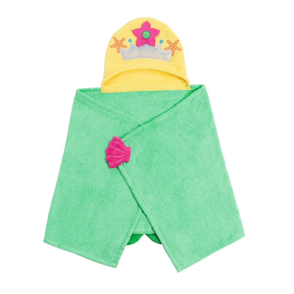 Zoocchini Toddler Towel wrapped around a child, green towel with yellow hood and crown flower embroidery.