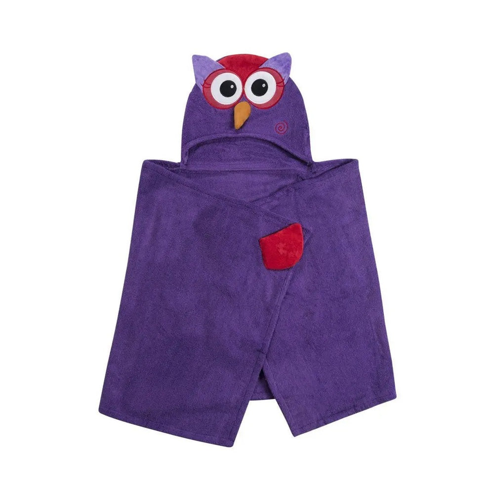 Zoocchini Toddler Towel, purple hooded owl design with big eyes and orange beak, red pocket detail.