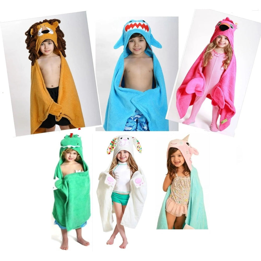 Zoocchini Toddler Towel: soft hooded animal bath towels worn by kids in lion, shark, flamingo, dragon, bunny designs.