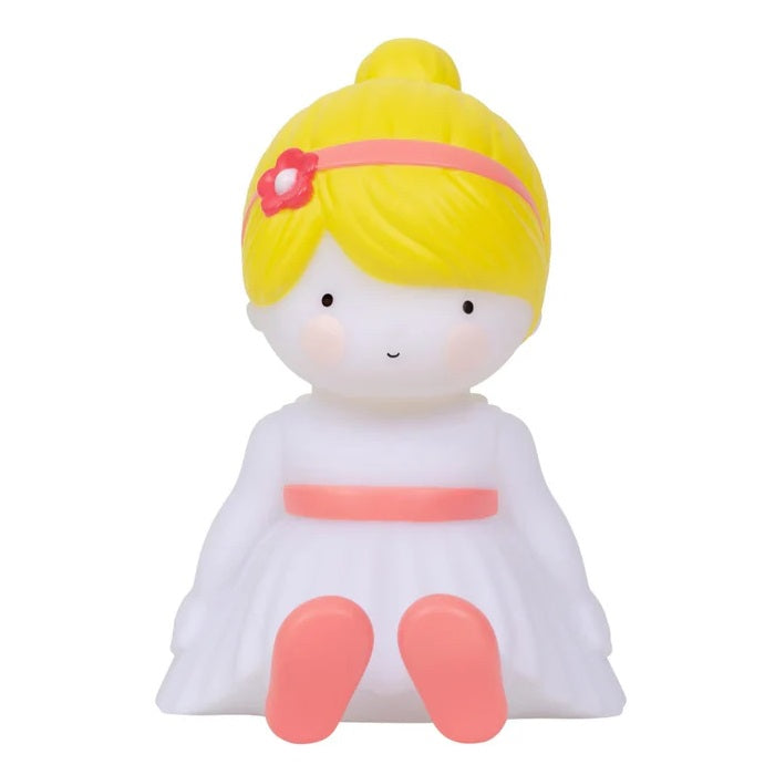 Little Light Fairy night light by A Little Lovely Company, featuring yellow hair, white dress, pink trim.