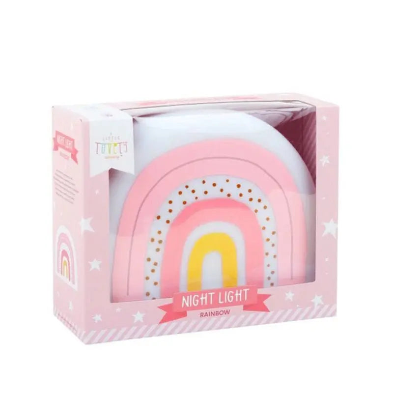 A Little Lovely Company Little Night Light rainbow in pink packaging; pastel arches glow softly for calming ambiance.