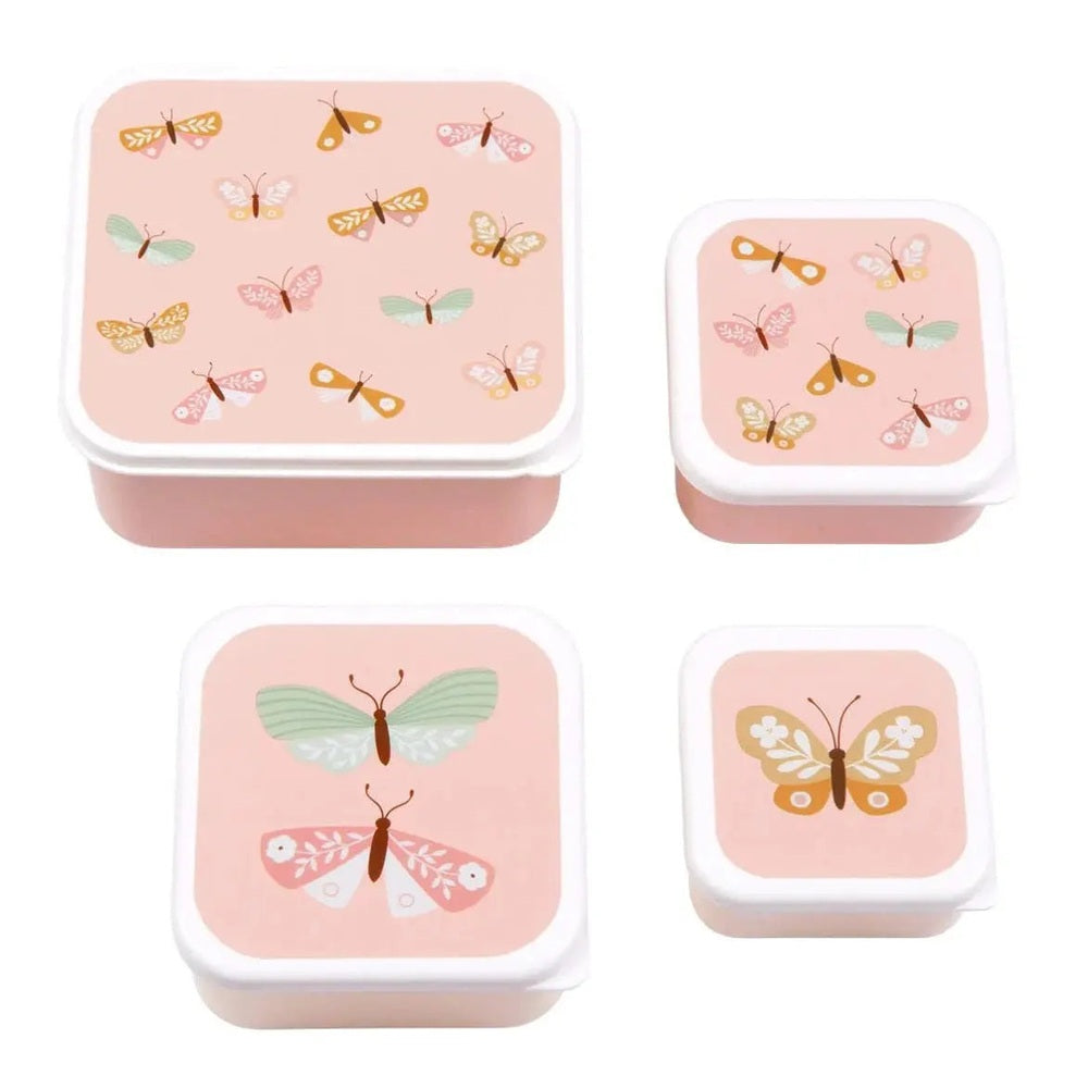 A Little Lovely Company Lunch & Snack Box Set, pink lids with butterfly prints, four pastel containers in different sizes.