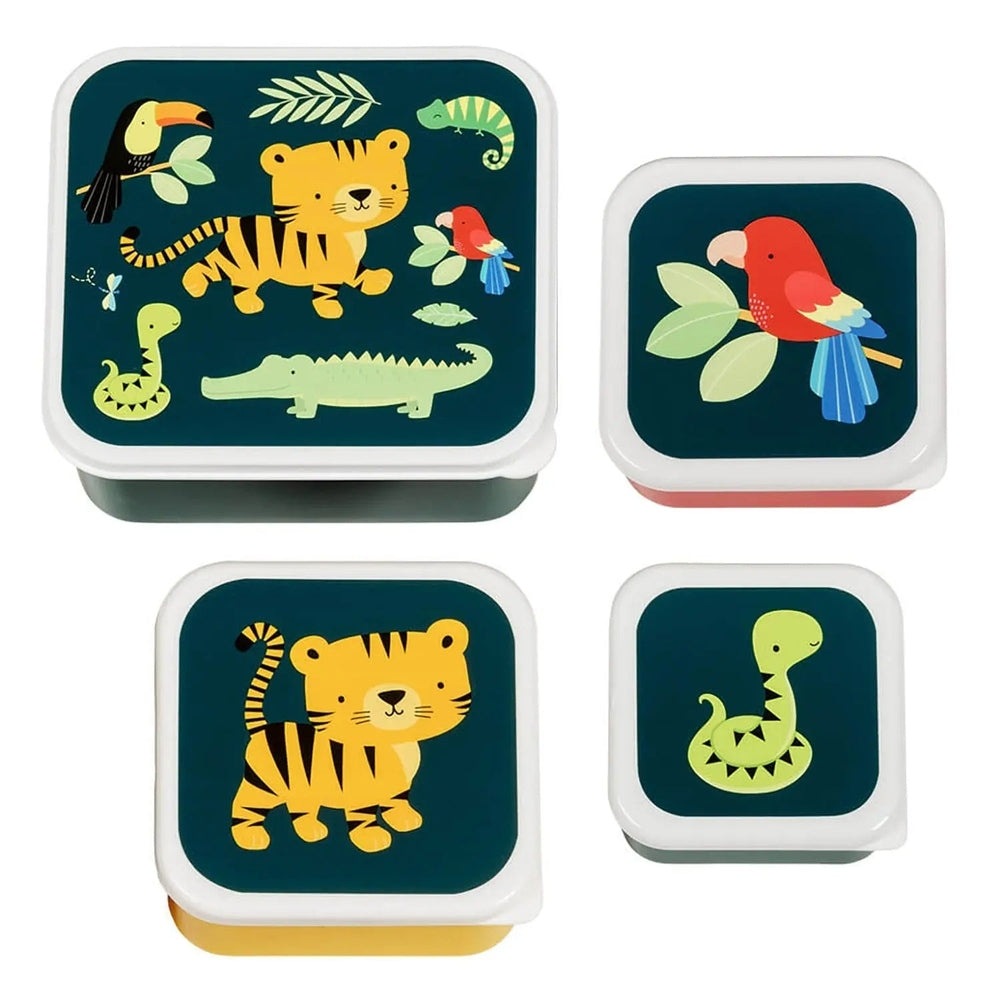 A Little Lovely Company Lunch & Snack Box Set with four teal-lidded square boxes showing tiger, parrot, snake and crocodile.