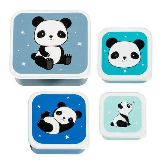 A Little Lovely Company Lunch & Snack Box Set with four panda-themed containers in blue tones, stacked.