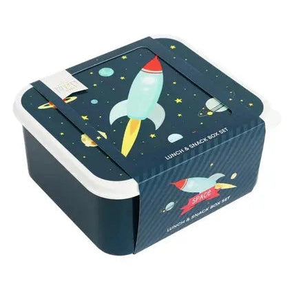 A Little Lovely Company Lunch & Snack Box Set in navy with rocket space design, showing the closed lunch box secured with a band.