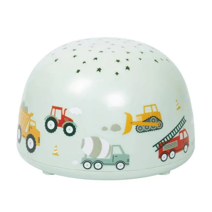 A Little Lovely Company Projector Night Light in pastel blue with construction vehicles; perforated top emits starry light.