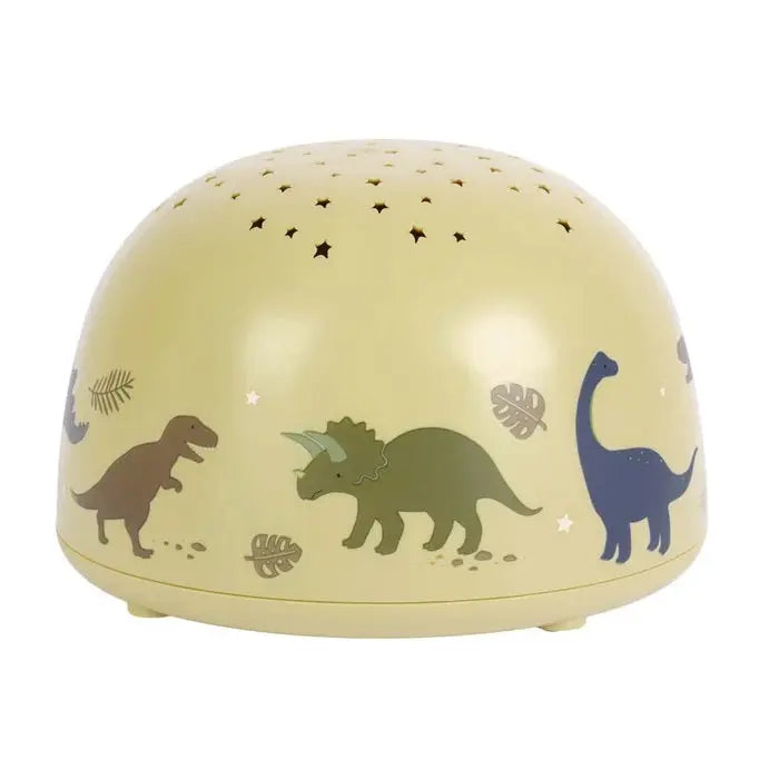 A Little Lovely Company Projector Night Light in yellow; dinosaurs roam the dome as star patterns glow.