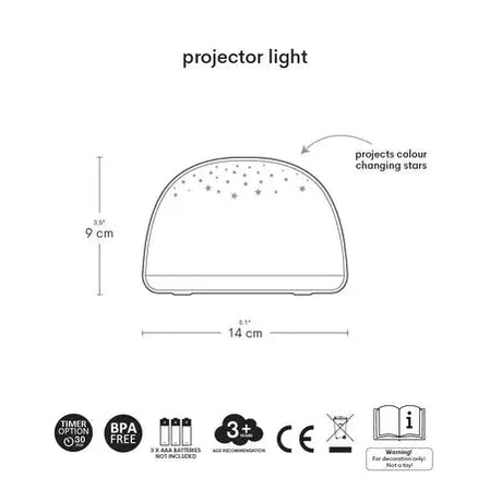A Little Lovely Company Projector Night Light, white plastic, 14 cm wide, projecting color-changing stars.