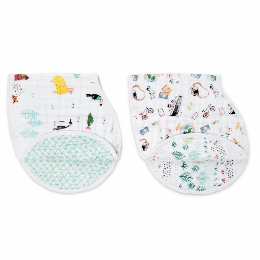 Aden+Anais burpy bibs set of 2, white with travel-themed prints and teal backing