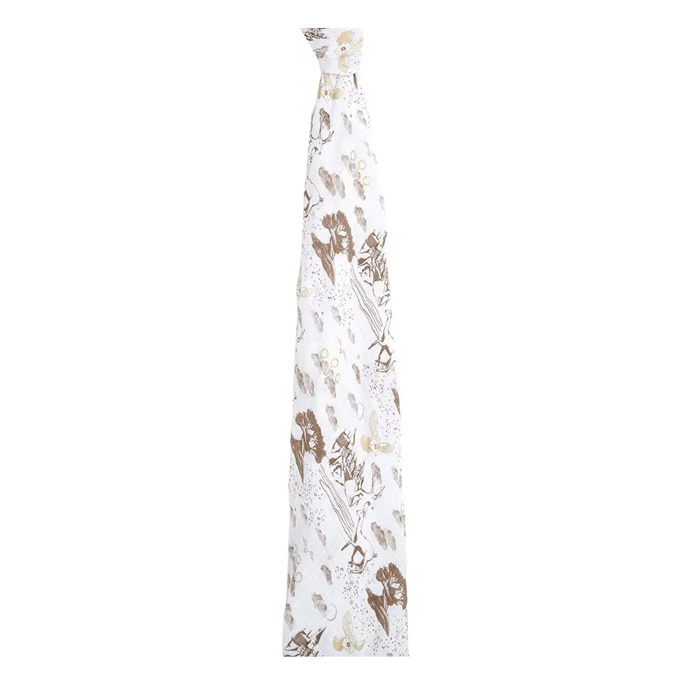 Aden+Anais Classic Swaddle single pack, white with beige/brown print, displayed flat and ready for swaddling.
