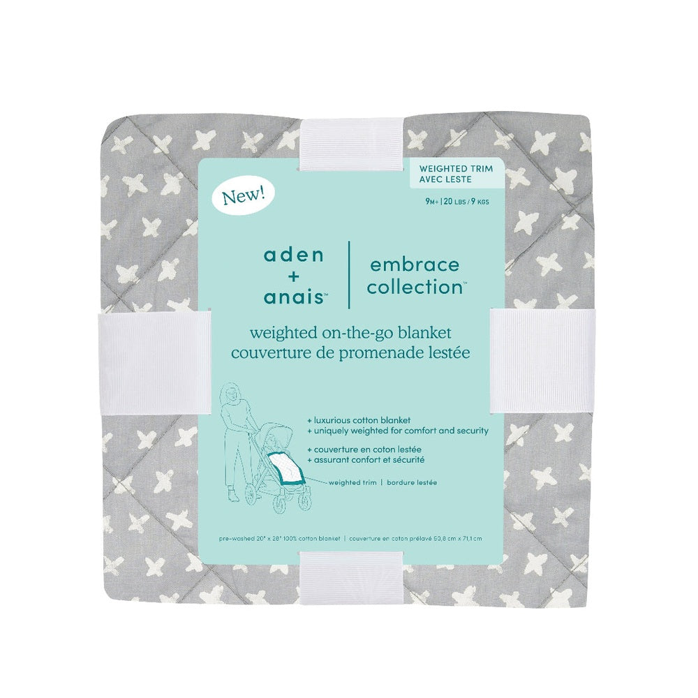 Aden + Anais weighted on-the-go blanket, Embrace Collection, grey cross-hatch with white X pattern - ADEN+ANAIS