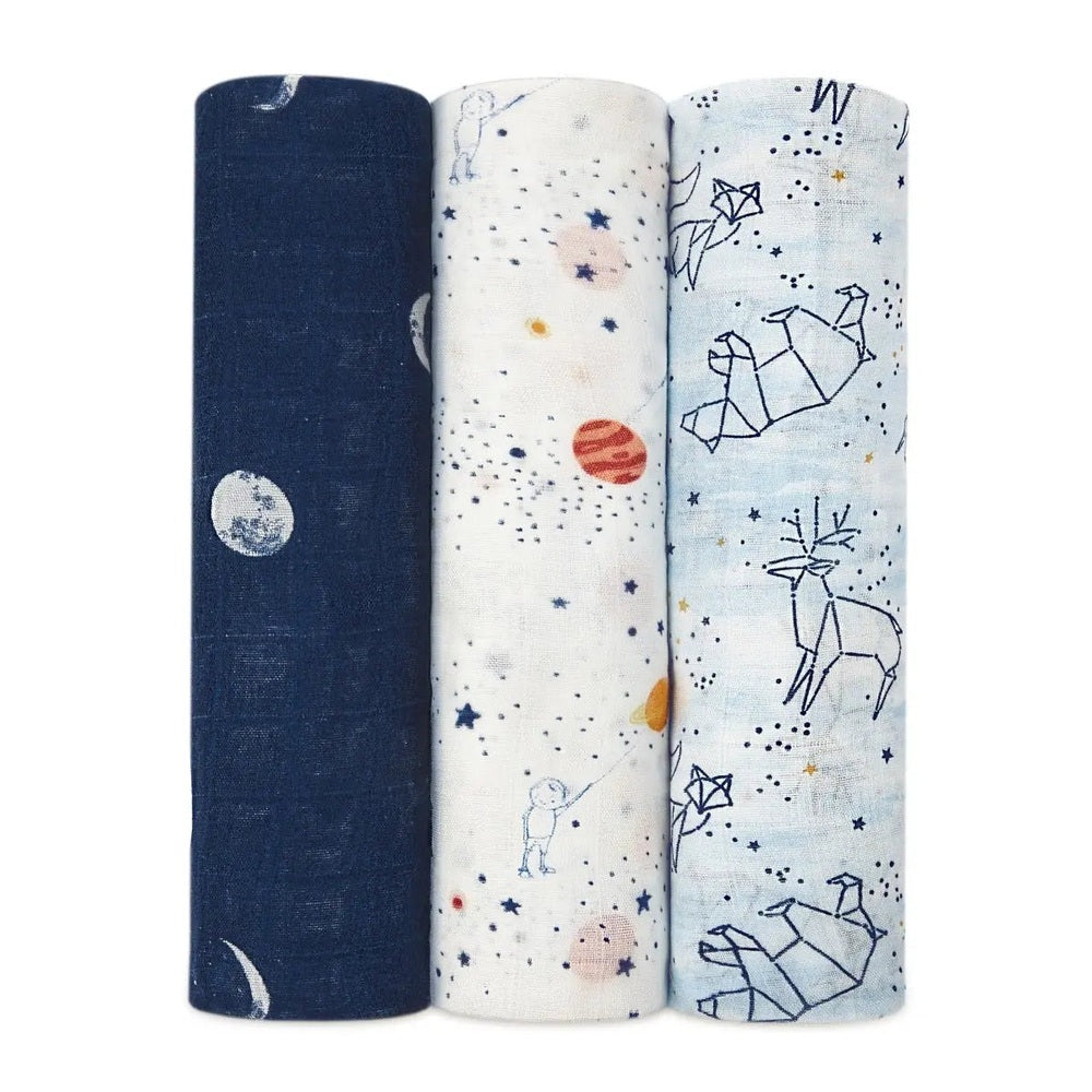 Aden+Anais Silky Soft Swaddle 3 Pack in navy, planet-white, constellation blue, neatly rolled showing space prints.