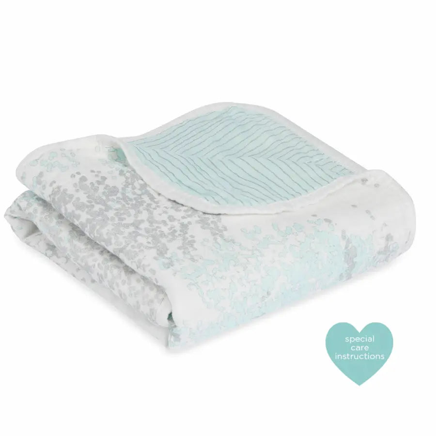 Aden+Anais Silky Stroller Blanket, pale blue and white silk-like fabric folded to show its soft texture