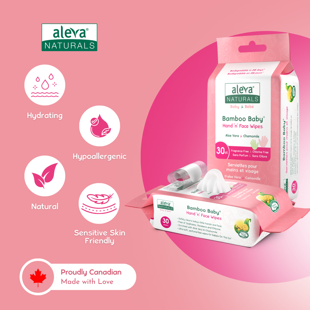 Aleva Naturals Bamboo Baby Hand and Face Wipes in Pink Packaging