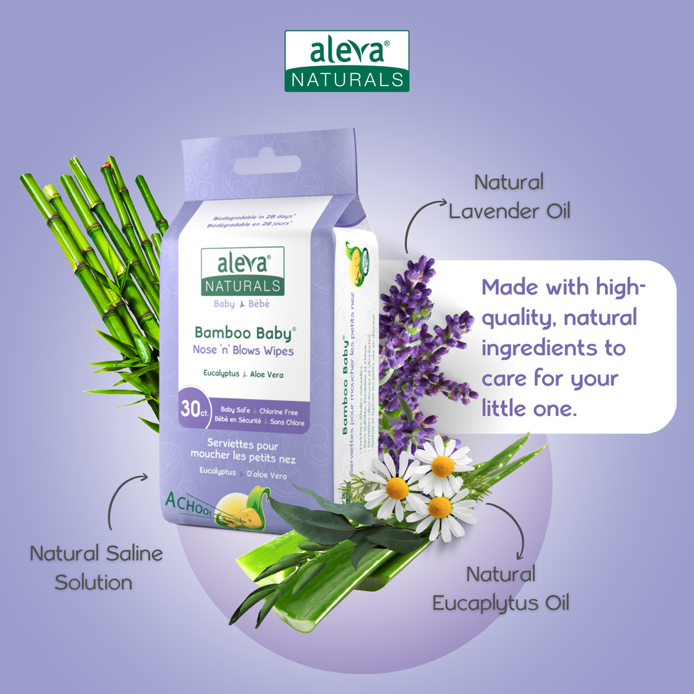 Aleva Naturals Bamboo Baby Nose 'n' Blows Wipes in Purple Packaging with green bamboo stalks and lavender sprigs