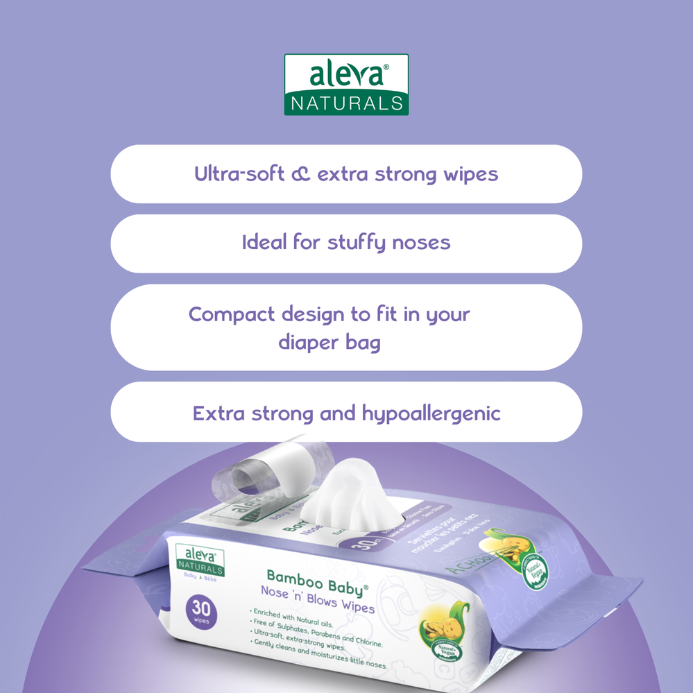 Aleva Naturals Bamboo Baby Nose 'n' Blows Wipes in Purple packaging with 30 wipes