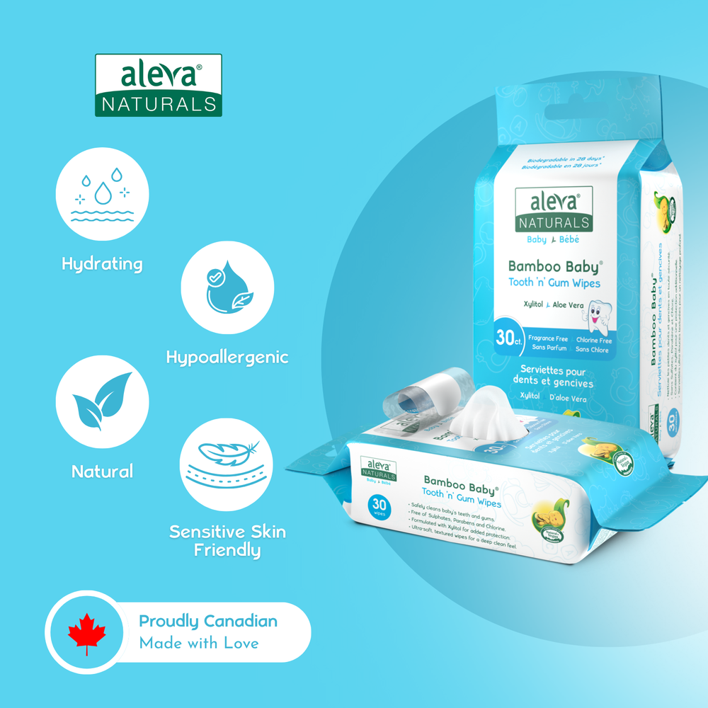 Aleva Naturals Bamboo Baby Tooth n Gum Wipes in Blue Packaging, 30 Count