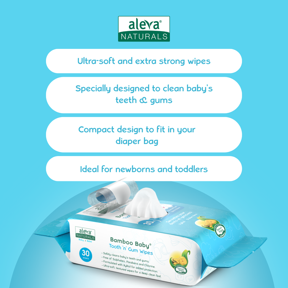 Aleva Naturals Bamboo Baby Tooth and Gum Wipes in Blue packaging, 30-count box