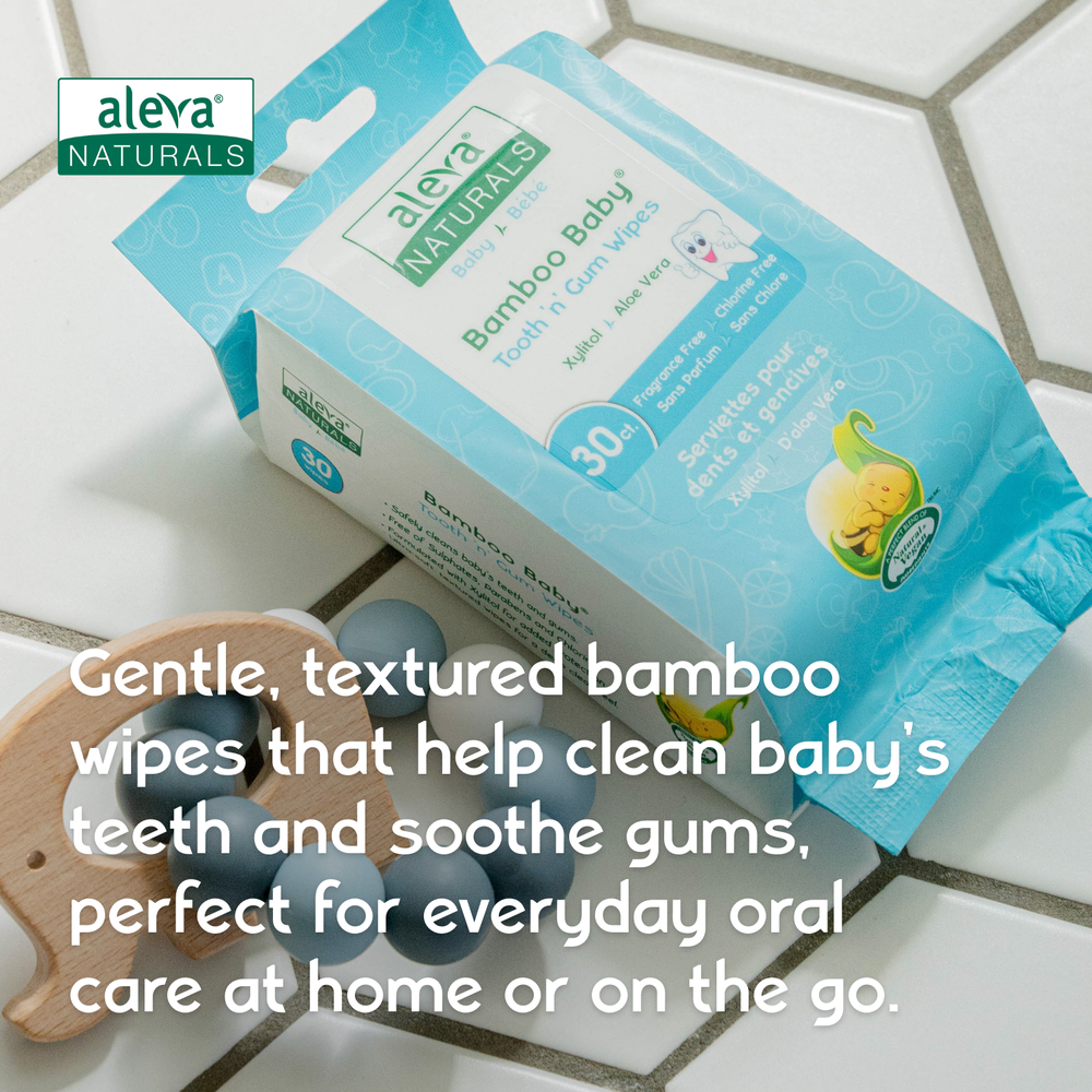 Aleva Naturals Bamboo Baby Tooth and Gum Wipes in Blue packaging
