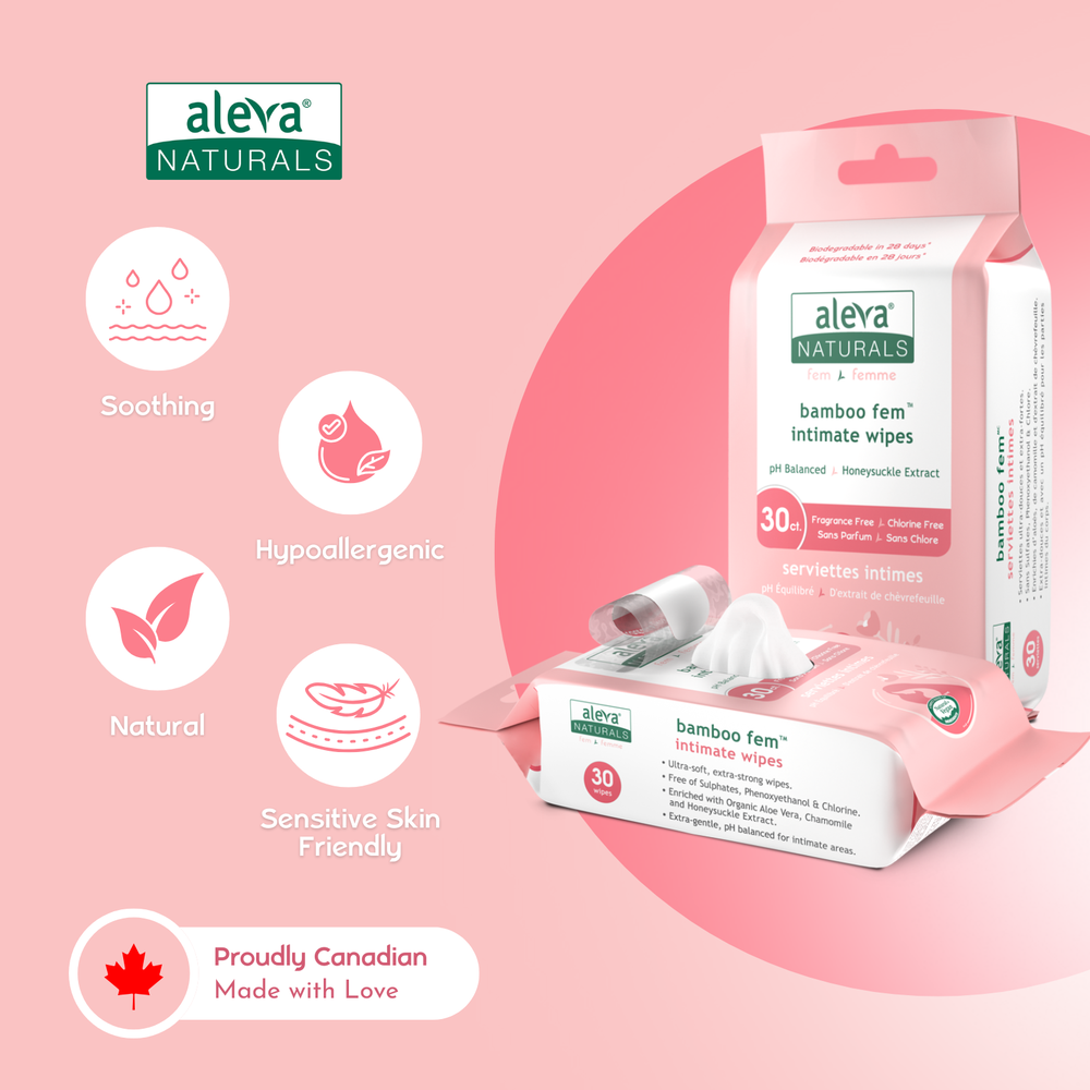 Aleva Naturals Bamboo Fem Intimate Wipes in Pink packaging, 30 count