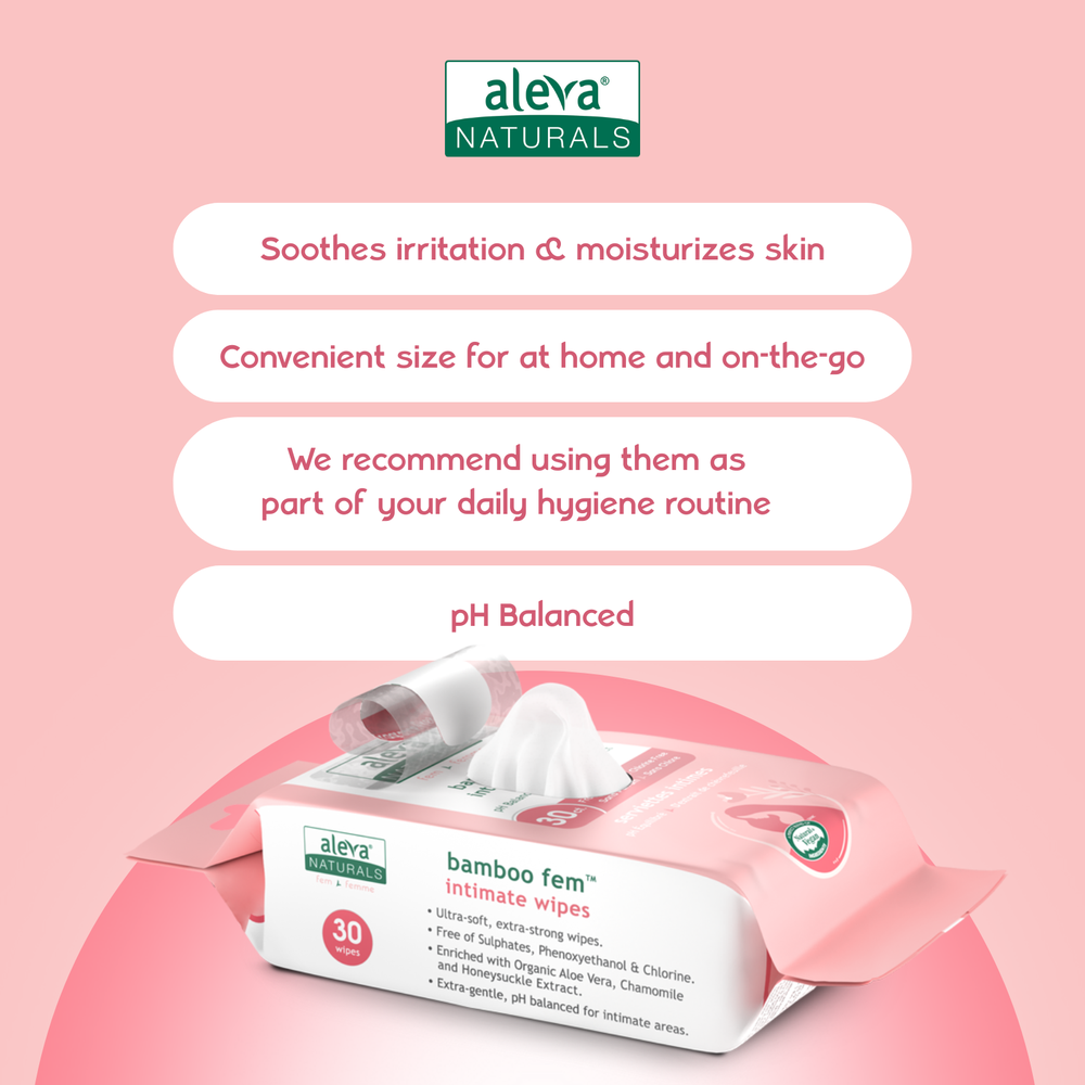 Aleva Naturals Bamboo Fem Wipes in Pink Packaging, 30-count intimate wipes