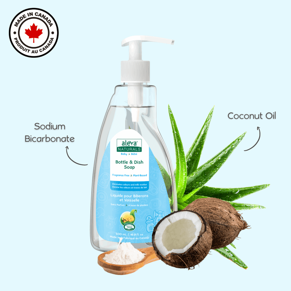 Aleva Naturals Bottle & Dish Soap fragrance-free 500 ml pump bottle with coconut and aloe visuals