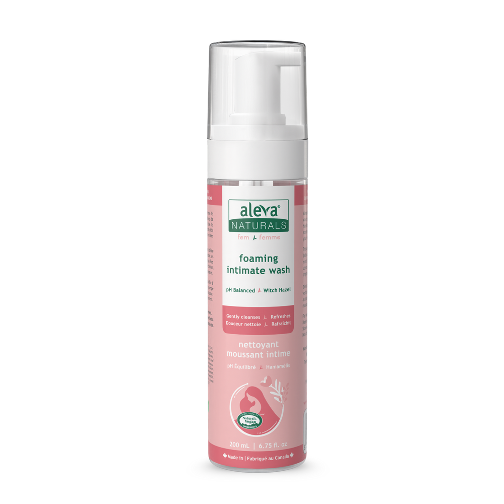 Aleva Naturals Foaming Intimate Wash in Pink bottle with white pump and clear cap