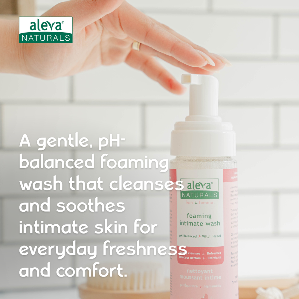 Aleva Naturals Foaming Intimate Wash in pink bottle with white pump, label visible, white tiled background.