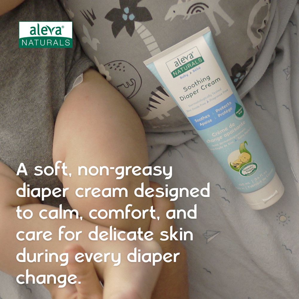 Aleva Naturals Soothing Baby Diaper Cream in light blue tube beside a baby.
