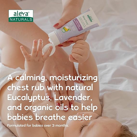 Aleva Naturals Sleep Easy Chest Rub in Purple-labeled tube applied to baby's chest as baby lies on bed